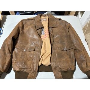 FLAVOR Men's Leather Flight Bomber Jacket Aviator Brown Medium Zip Front M